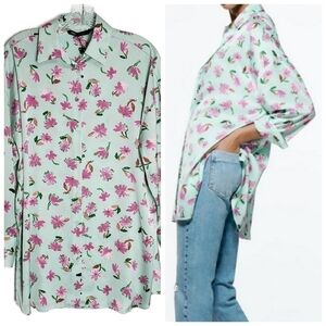 ZARA Satin Feel Oversize Floral Print Blouse Size XS